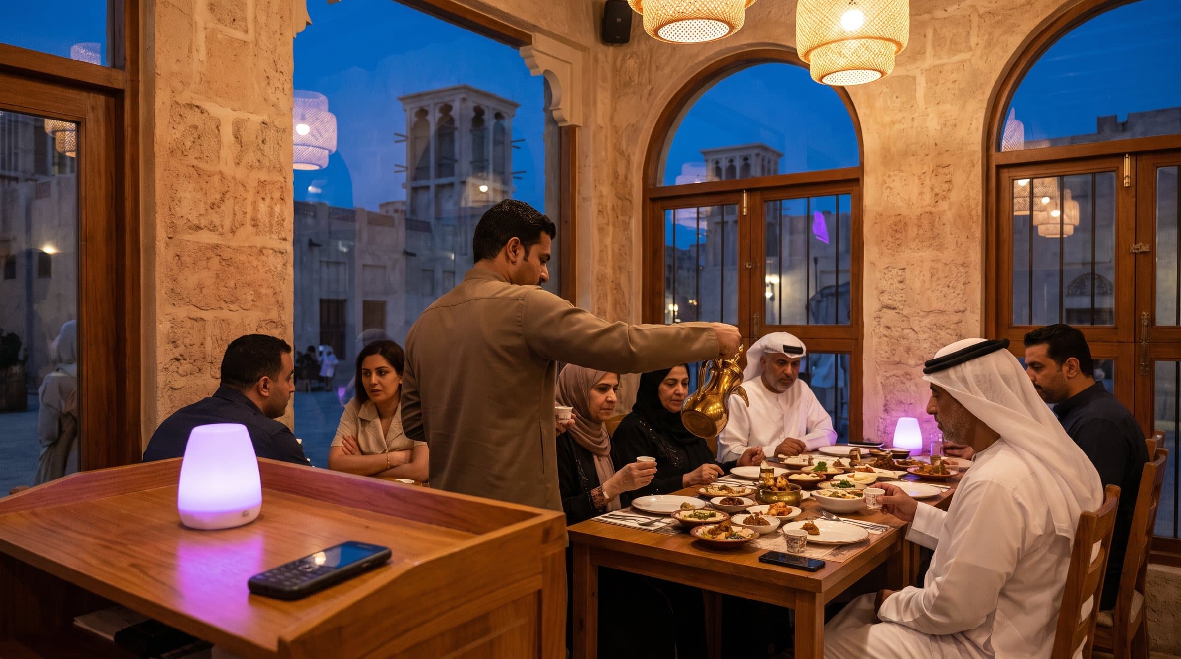 نادل يقدم المقبلات والقهوة العربية من دلة نحاسية لعائلة في مطعم إماراتي بحي الفهيدي التاريخي، وأبراج الهواء خلف النوافذ